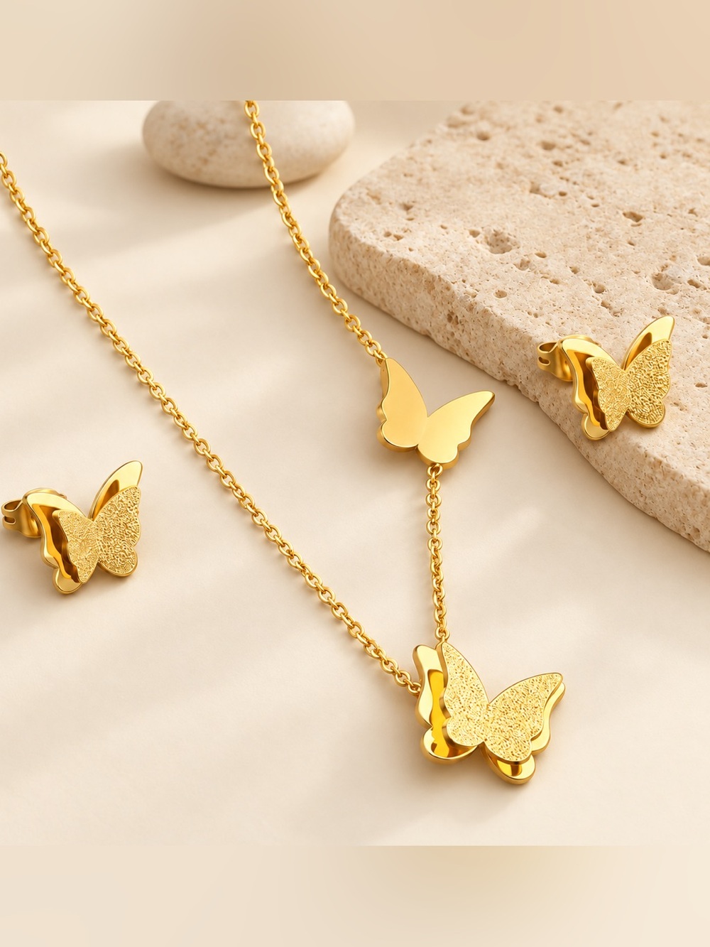 Gold Tone Butterfly Necklace & Stud Earrings Set Stainless Steel
